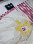 White cotton gonga jamuna design jamdani saree with pink & yellow threads work.