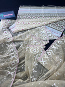 Creamy White Halfsilk Handloom Dhakai Jamdani Saree With White Thread Work & Pink Meena Work