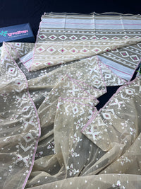 Creamy White Halfsilk Handloom Dhakai Jamdani Saree With White Thread Work & Pink Meena Work