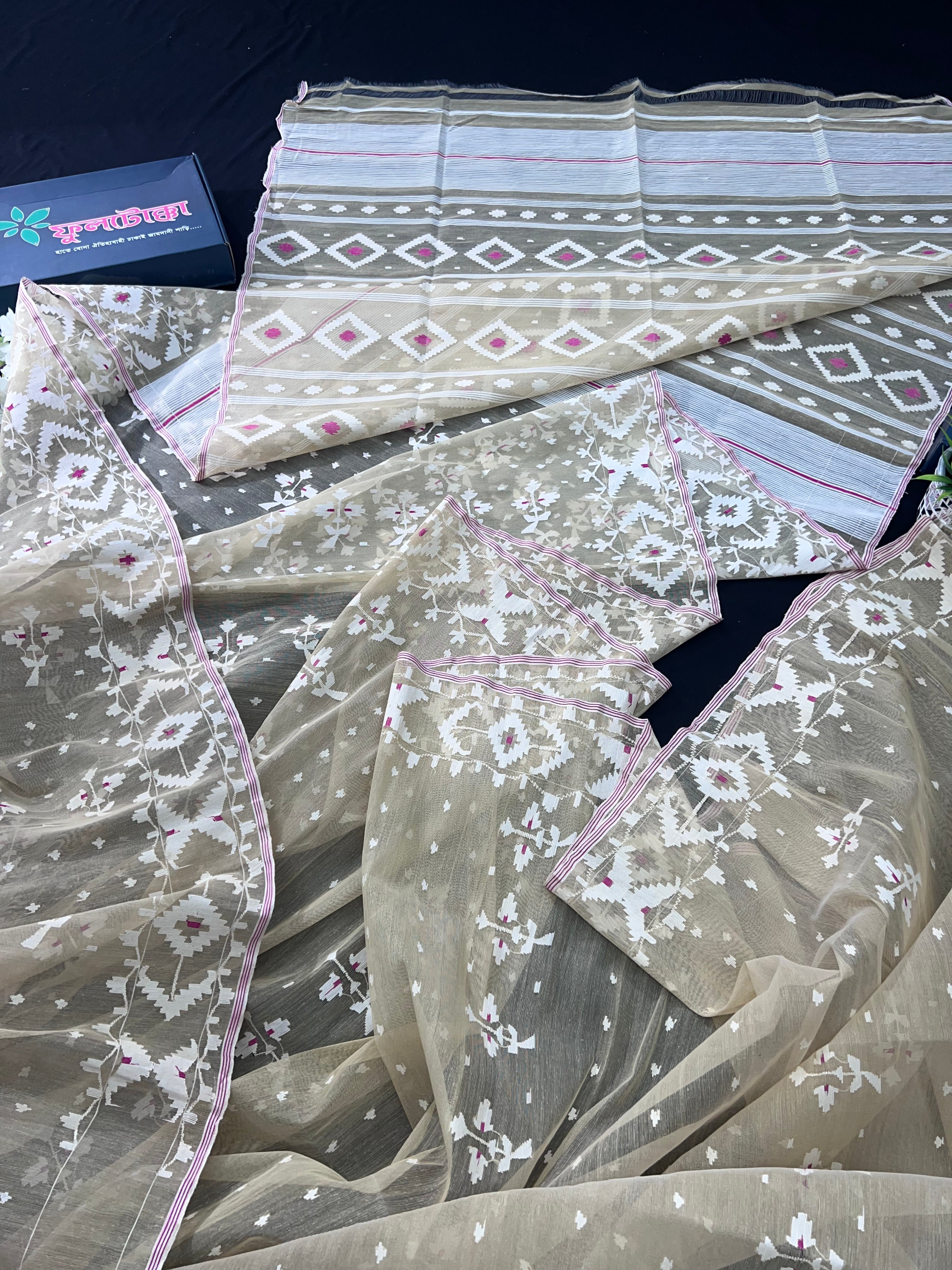 Creamy White Halfsilk Handloom Dhakai Jamdani Saree With White Thread Work & Pink Meena Work
