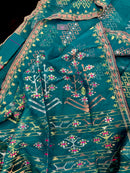 Sea green jamdani saree with golden silver & copper jori work soft count.