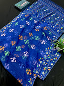 Royal blue jamdani saree with green pink blue orange threads work.