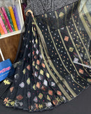Black halfsilk jamdani saree with golden silver & copper jori work and magenta meena work
