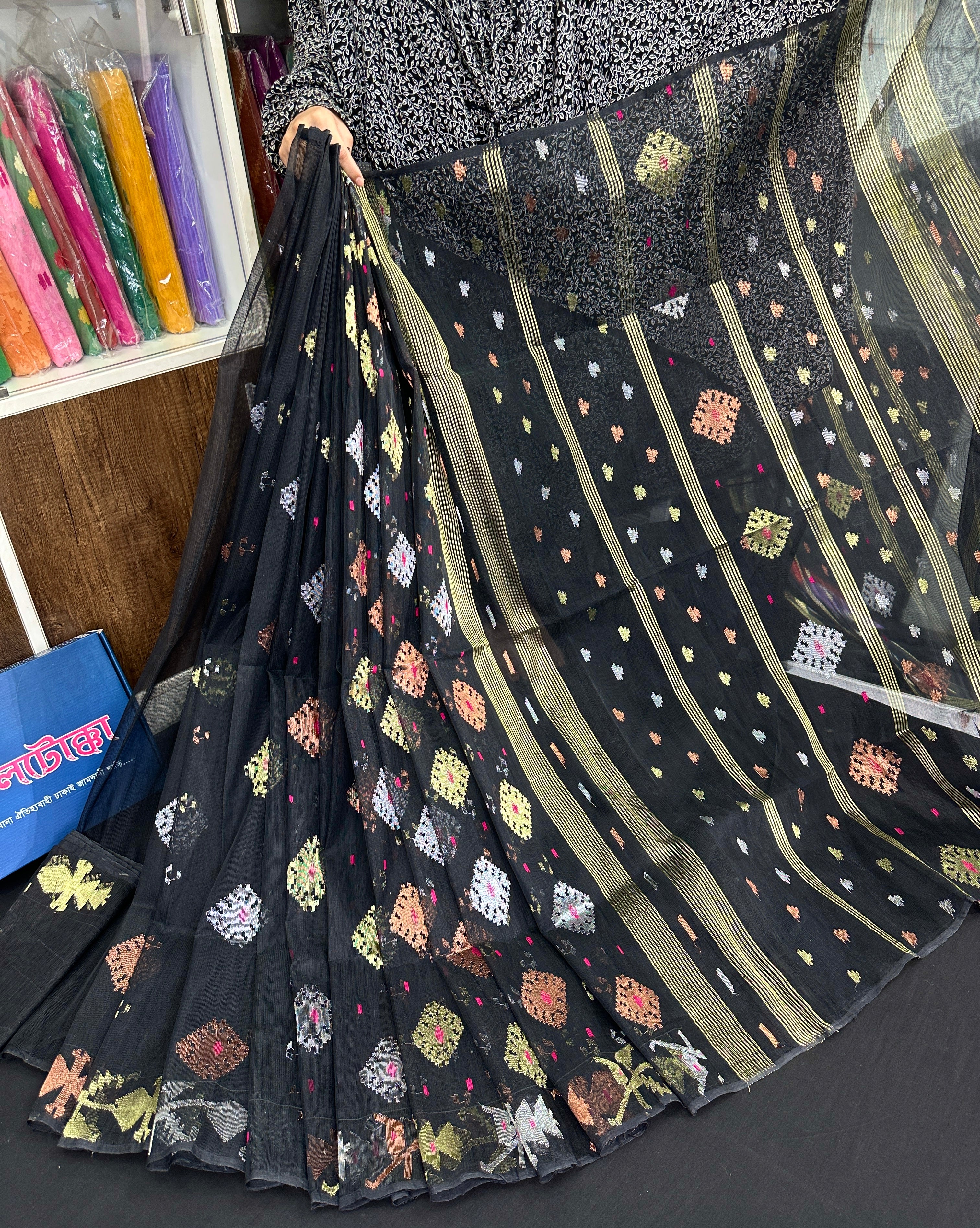 Black halfsilk jamdani saree with golden silver & copper jori work and magenta meena work
