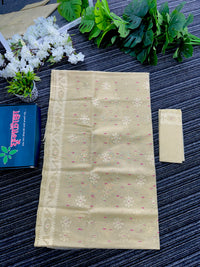 Off white halfsilk jamdani saree with off white threads work and pink meena work