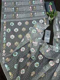 Ash jamdani saree with pink blue and with threads work and golden jori work.