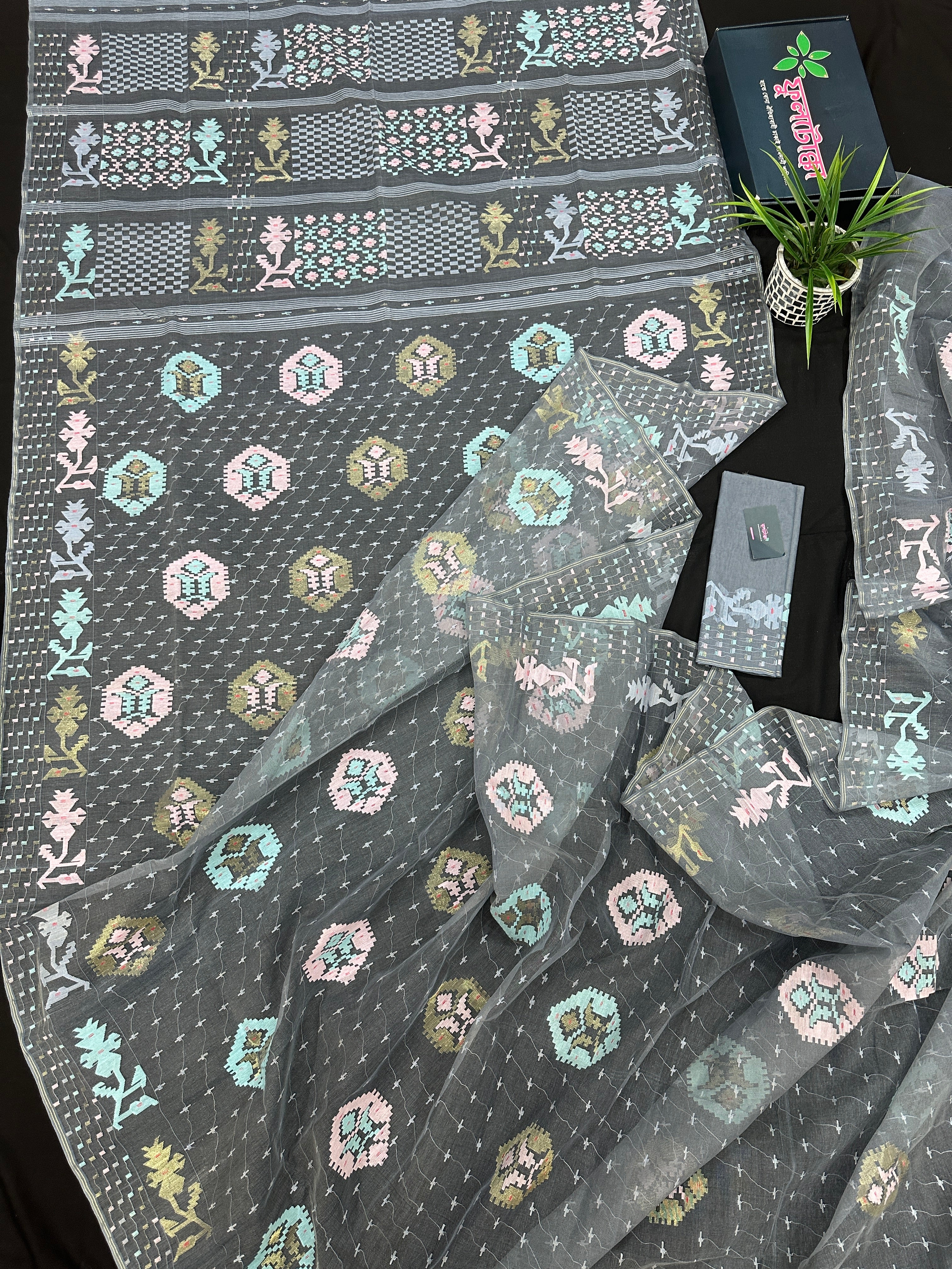 Ash jamdani saree with pink blue and with threads work and golden jori work.