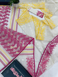 White cotton gonga jamuna design jamdani saree with pink & yellow threads work.