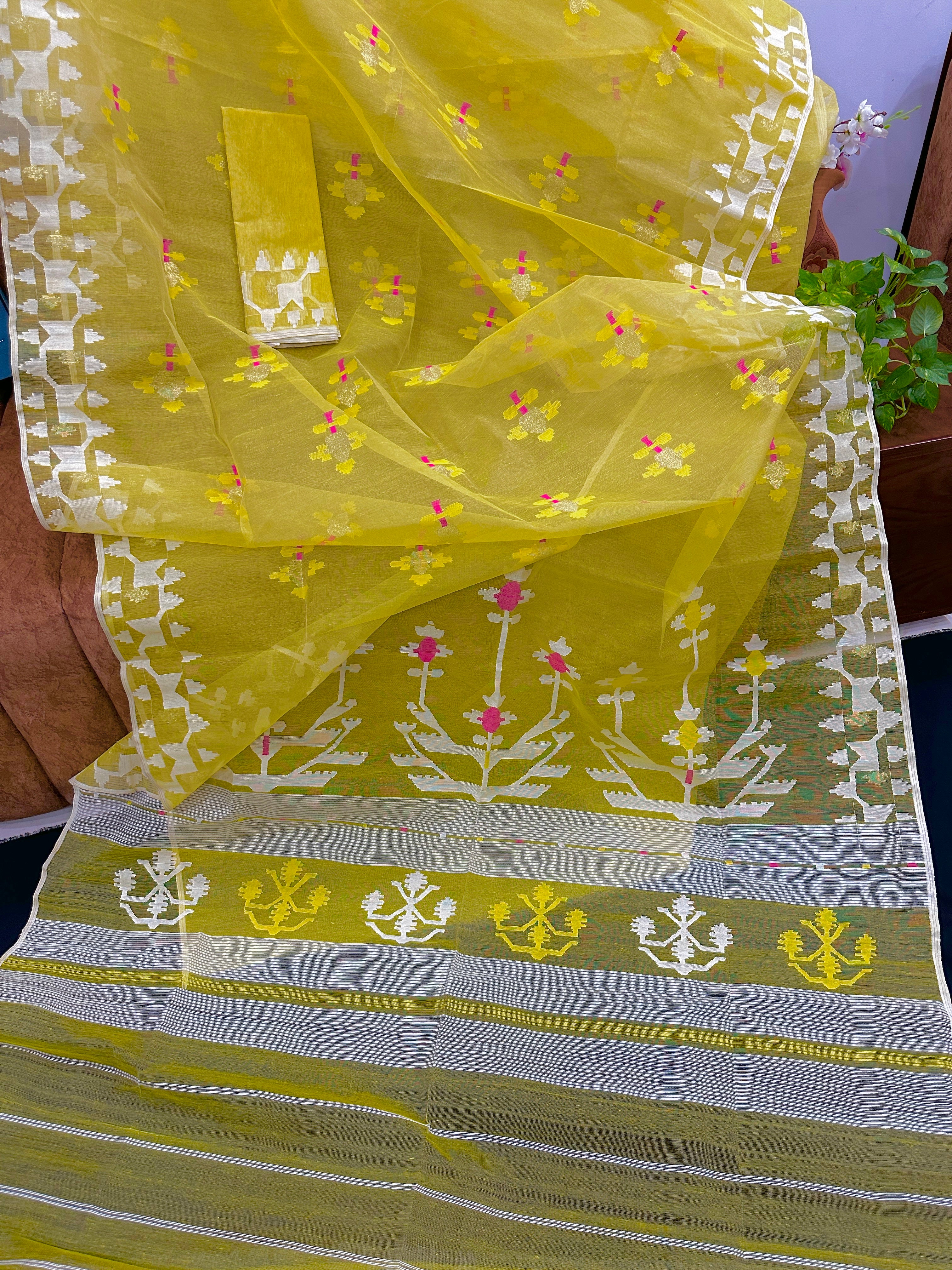 Yellow Jamdani Saree Is Expertly Crafted.