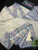 White cotton jamdani saree with blue yellow red green threads work& blouse piece.