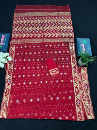 Red jamdani saree with golden jori all over work with blouse piece.