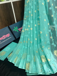 Sky blue halfsilk jamdani saree with golden jori work and self threads work