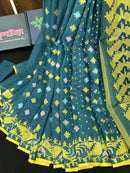 Sea green cotton jamdani saree with yellow pink blue threads work