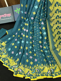 Sea green cotton jamdani saree with yellow pink blue threads work