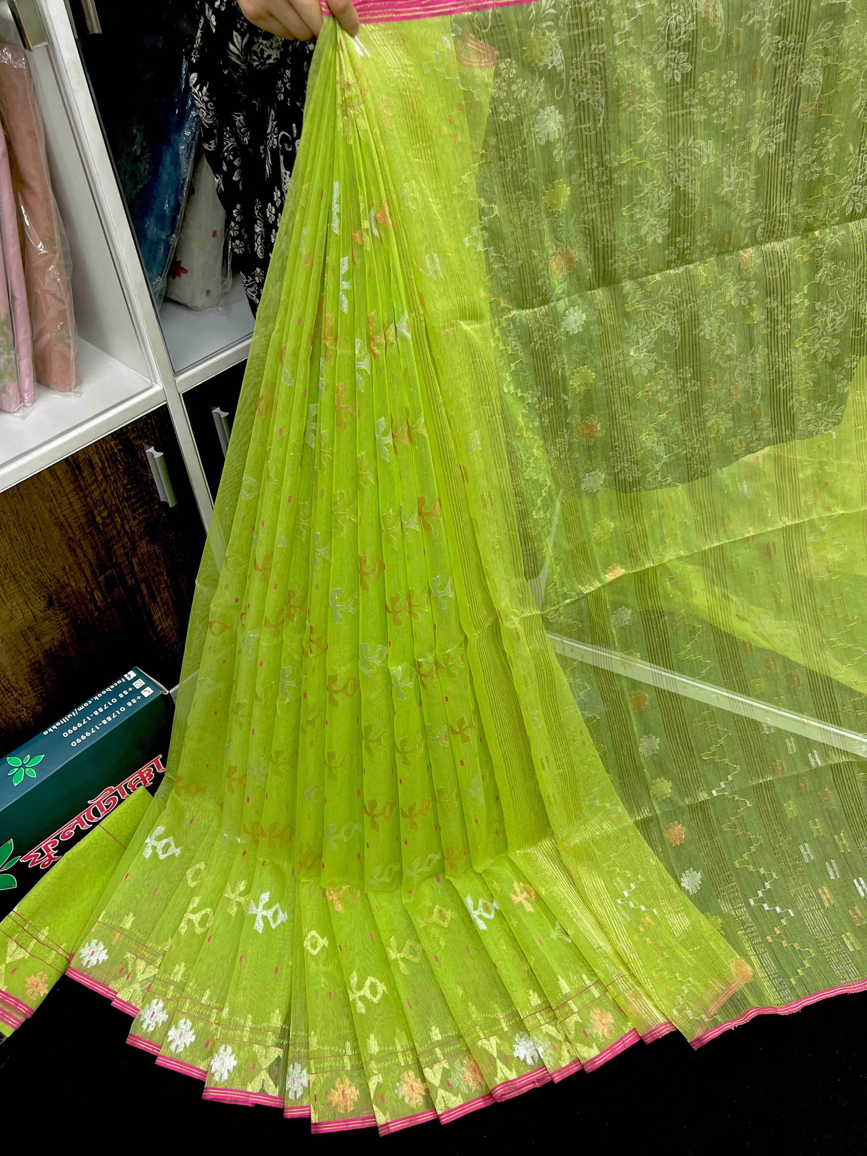 Lemon halfsilk jamdani saree with golden silver & copper jori work and pink border