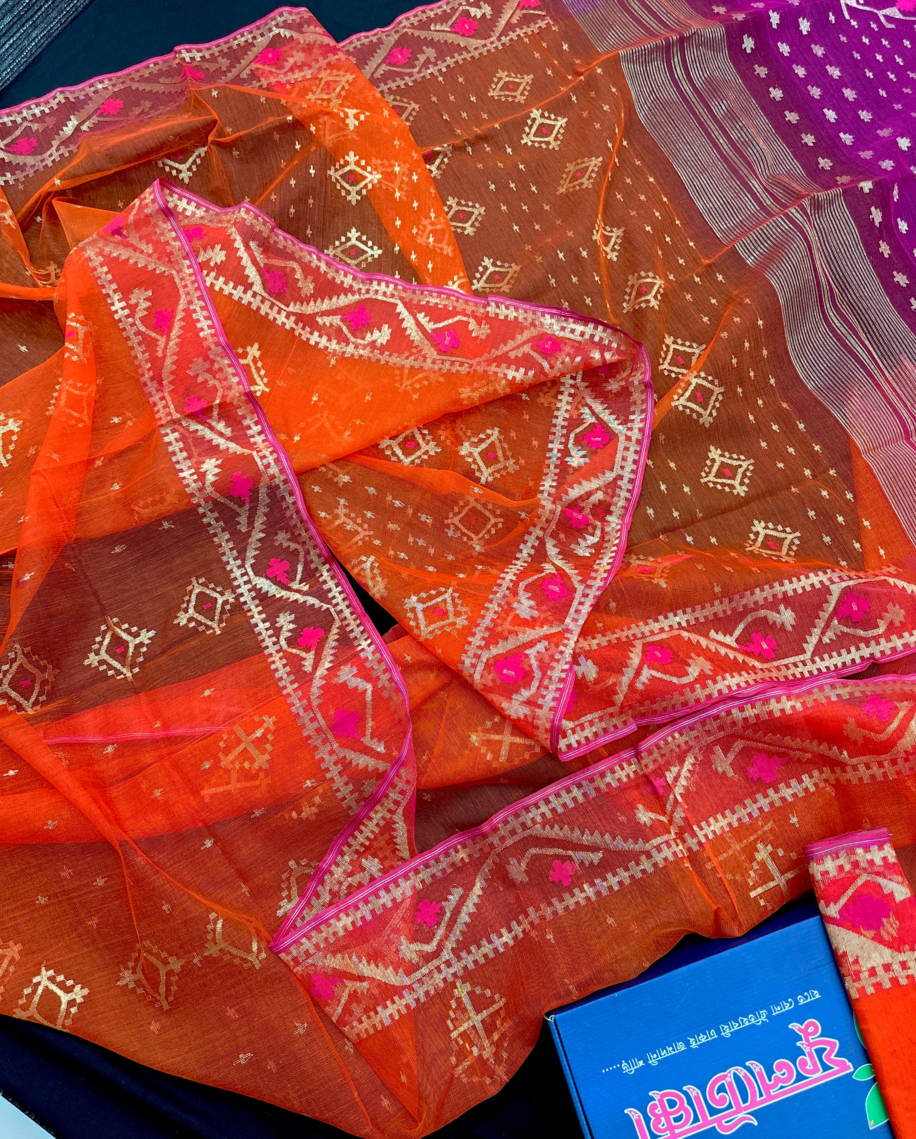 Jamdani Of Orange With Magenta Combination.