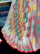 White cotton jamdani saree with red yellow green threads work multiple colour threads work