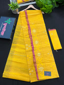 Yellow colour handloom halfsilk dhakai jamdani saree with pink border