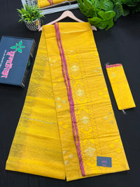 Yellow colour handloom halfsilk dhakai jamdani saree with pink border