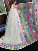 White cotton jamdani saree with pink blue orange magenta yellow multiple colour threads work