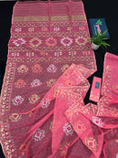 Peach pink jamdani saree with golden silver & copper jori work.