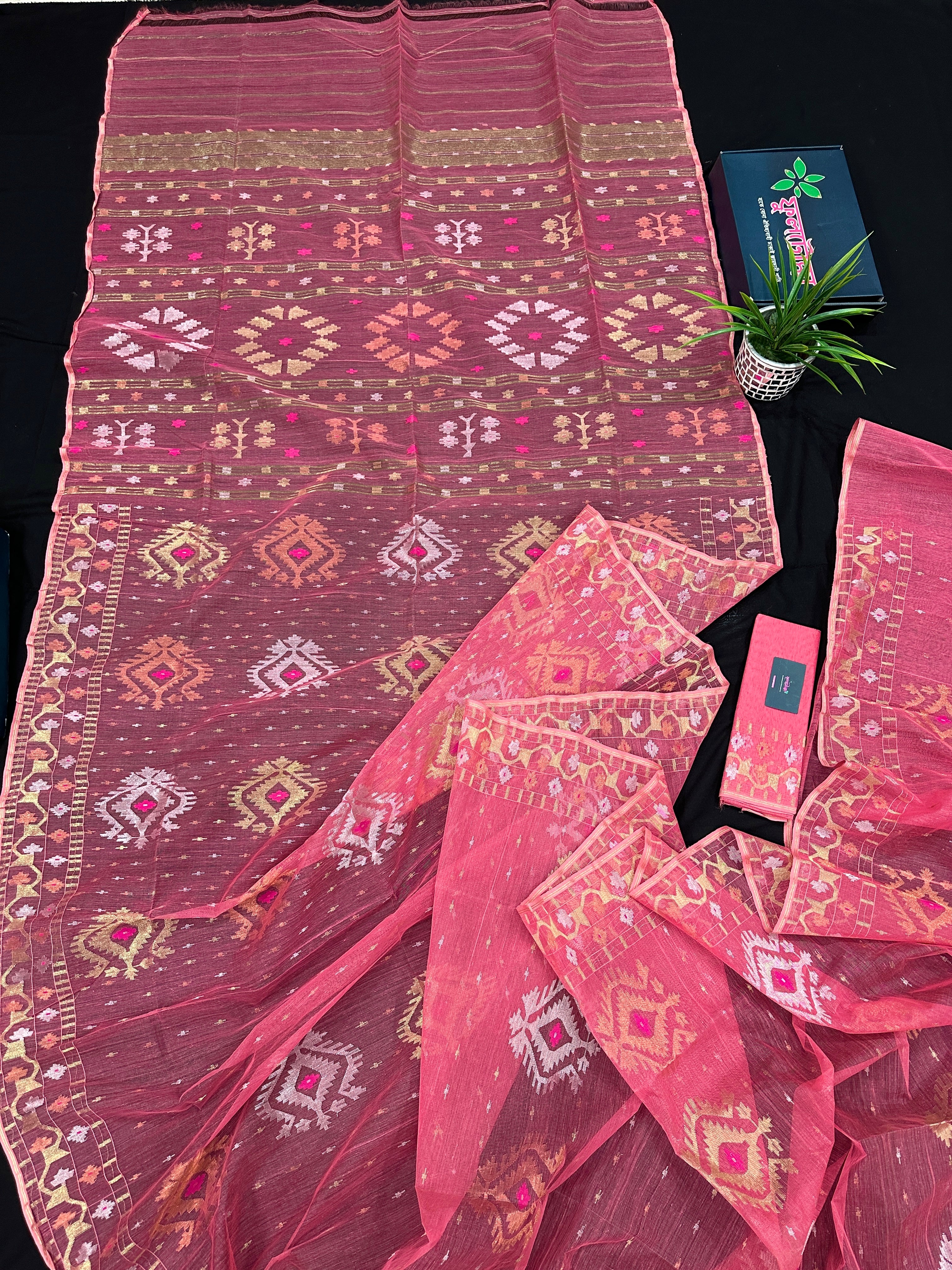 Peach pink jamdani saree with golden silver & copper jori work.