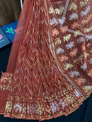 Brown halfsilk jamdani saree with golden silver and copper jori work