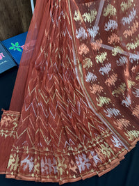 Brown halfsilk jamdani saree with golden silver and copper jori work