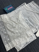 White exclusive halfsilk jamdani saree with white threads work and blouse piece