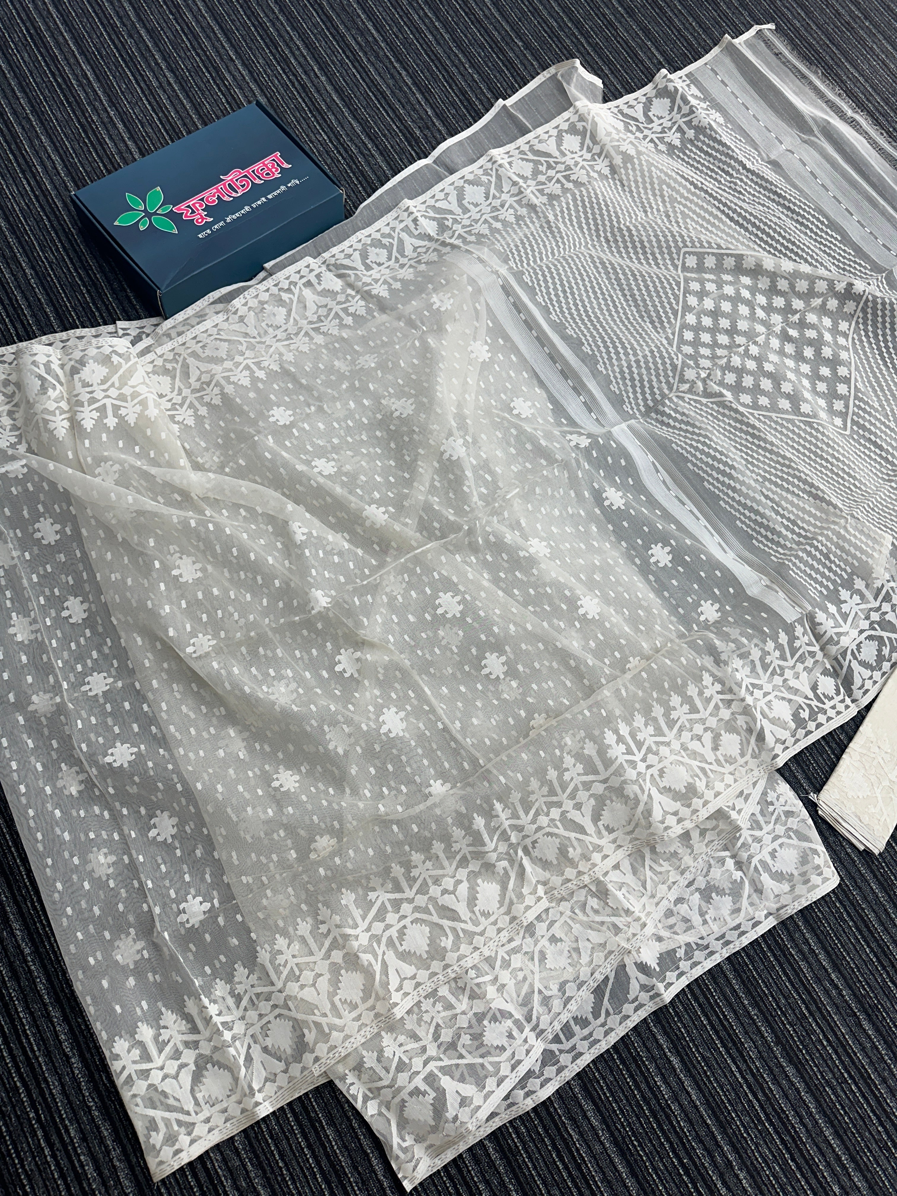 White exclusive halfsilk jamdani saree with white threads work and blouse piece