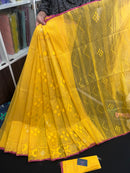 Yellow colour handloom halfsilk dhakai jamdani saree with pink border