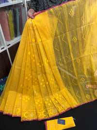 Yellow colour handloom halfsilk dhakai jamdani saree with pink border