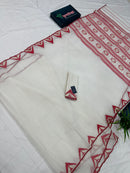 White Jamdani Saree With Red Paar.