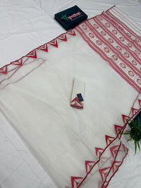 White Jamdani Saree With Red Paar.