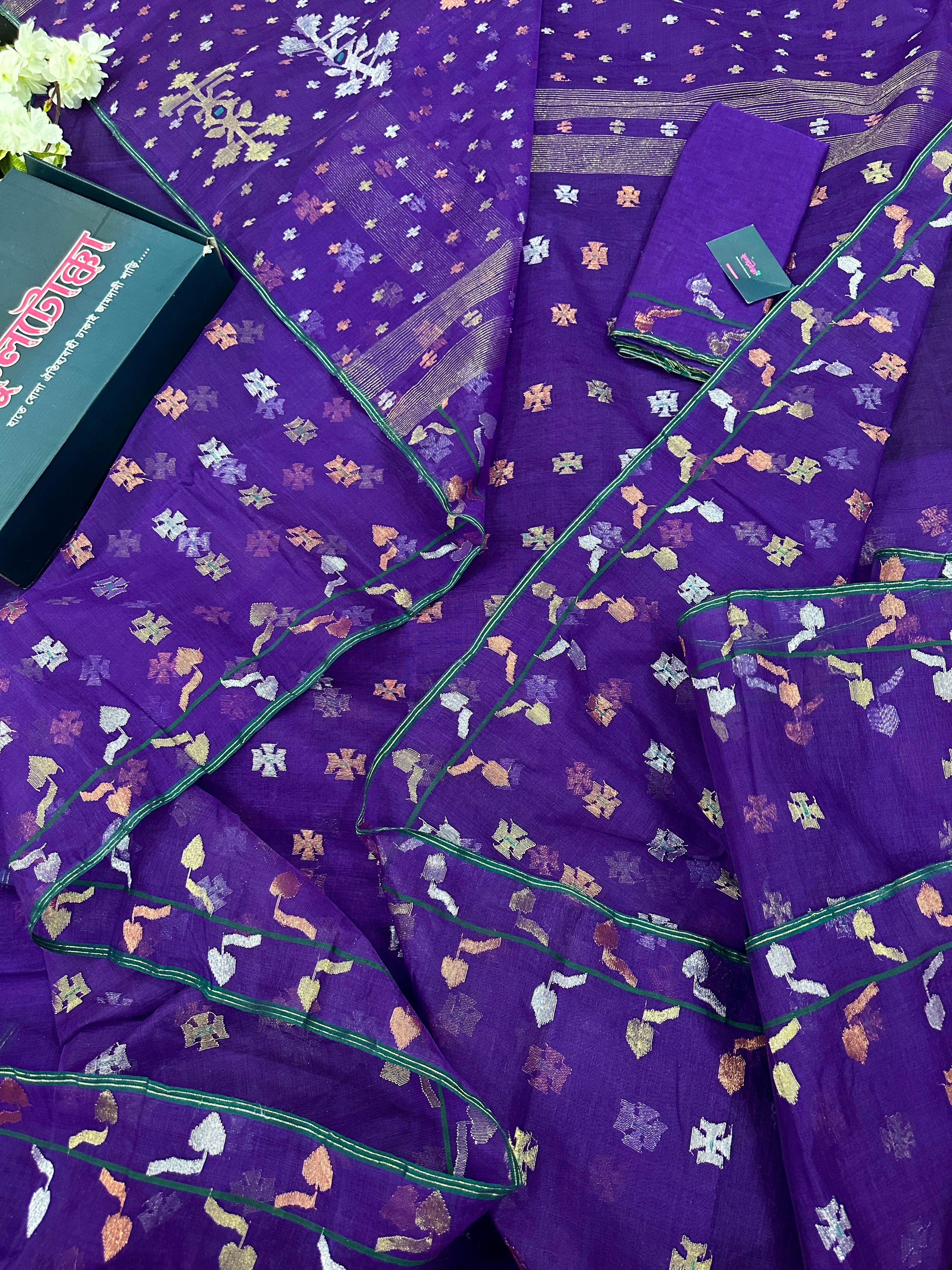 Purple halfsilk jamdani saree golden silver & copper jori work all over soft count.