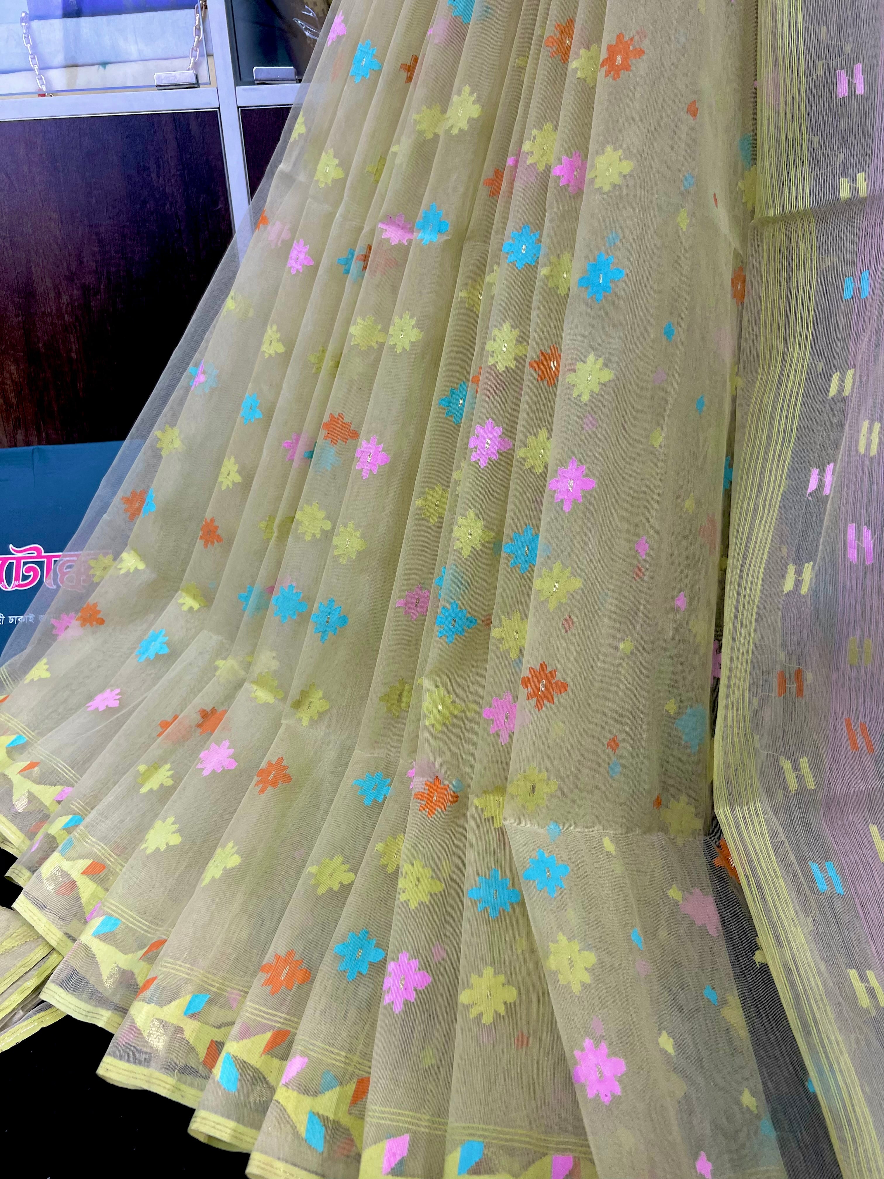 Baby yellow halfsilk jamdani saree with pink blue orange yellow threads work