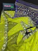 Olive halfsilk jamdani saree with golden silver & copper jori work and blue contrast paar