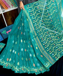 Sea green halfsilk jamdani saree with golden silver & copper jori work.