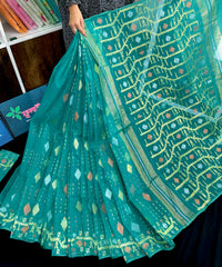 Sea green halfsilk jamdani saree with golden silver & copper jori work.
