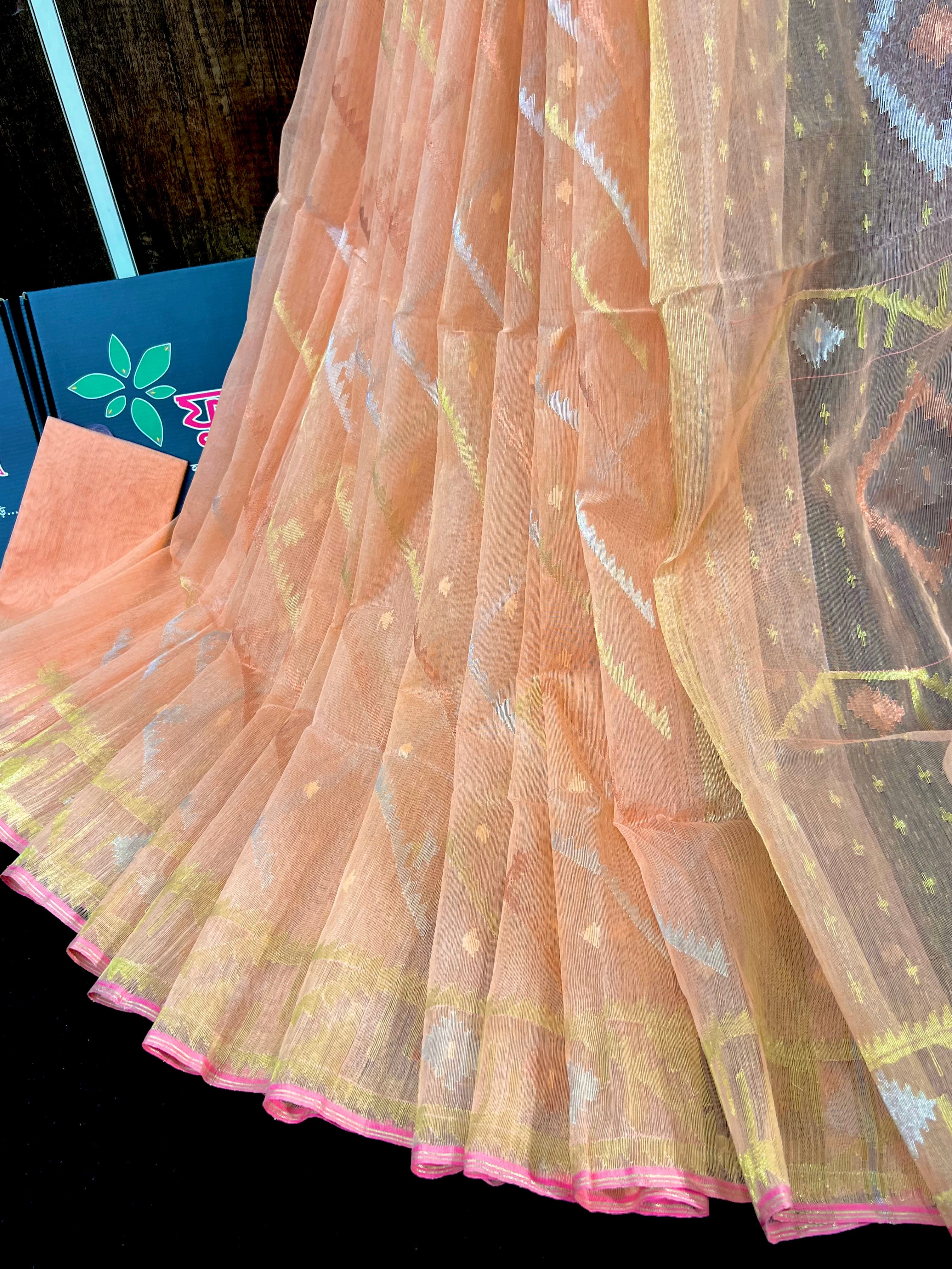 Peach colour halfsilk jamdani saree with golden silver & copper jori work
