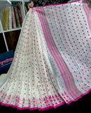 White cotton jamdani saree with pink buta and pink threads work