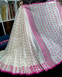 White cotton jamdani saree with pink buta and pink threads work