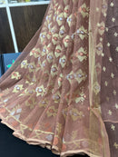 Nude mauve halfsilk jamdani saree with golden silver & copper jori work