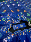 Royal blue jamdani saree with green pink blue orange threads work.