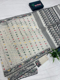 White cotton jamdani saree with black red yellow green threads work & blouse piece.