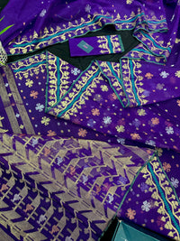 Violate purple jamdani saree all over golden silver and copper jori work.