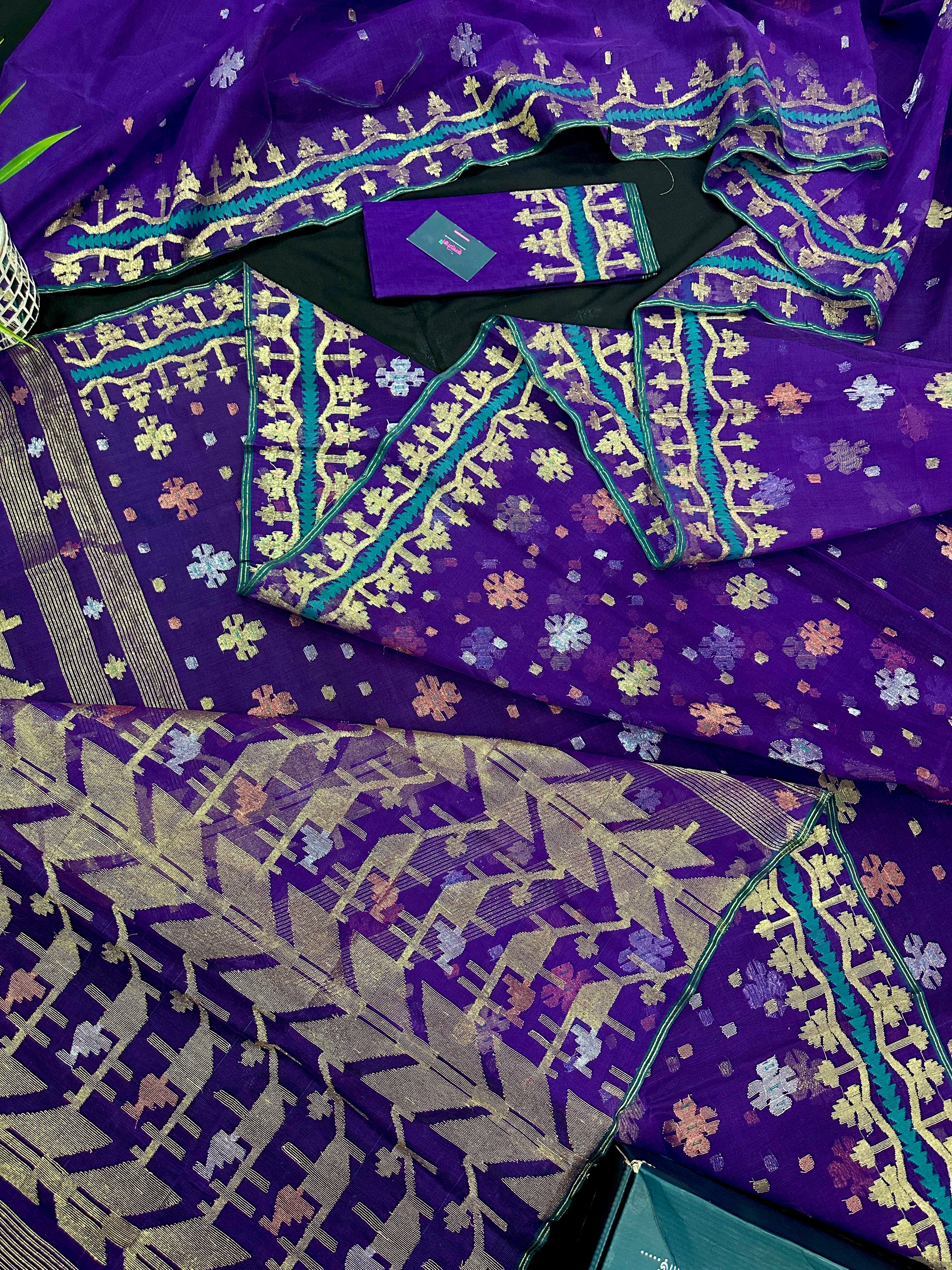 Violate purple jamdani saree all over golden silver and copper jori work.