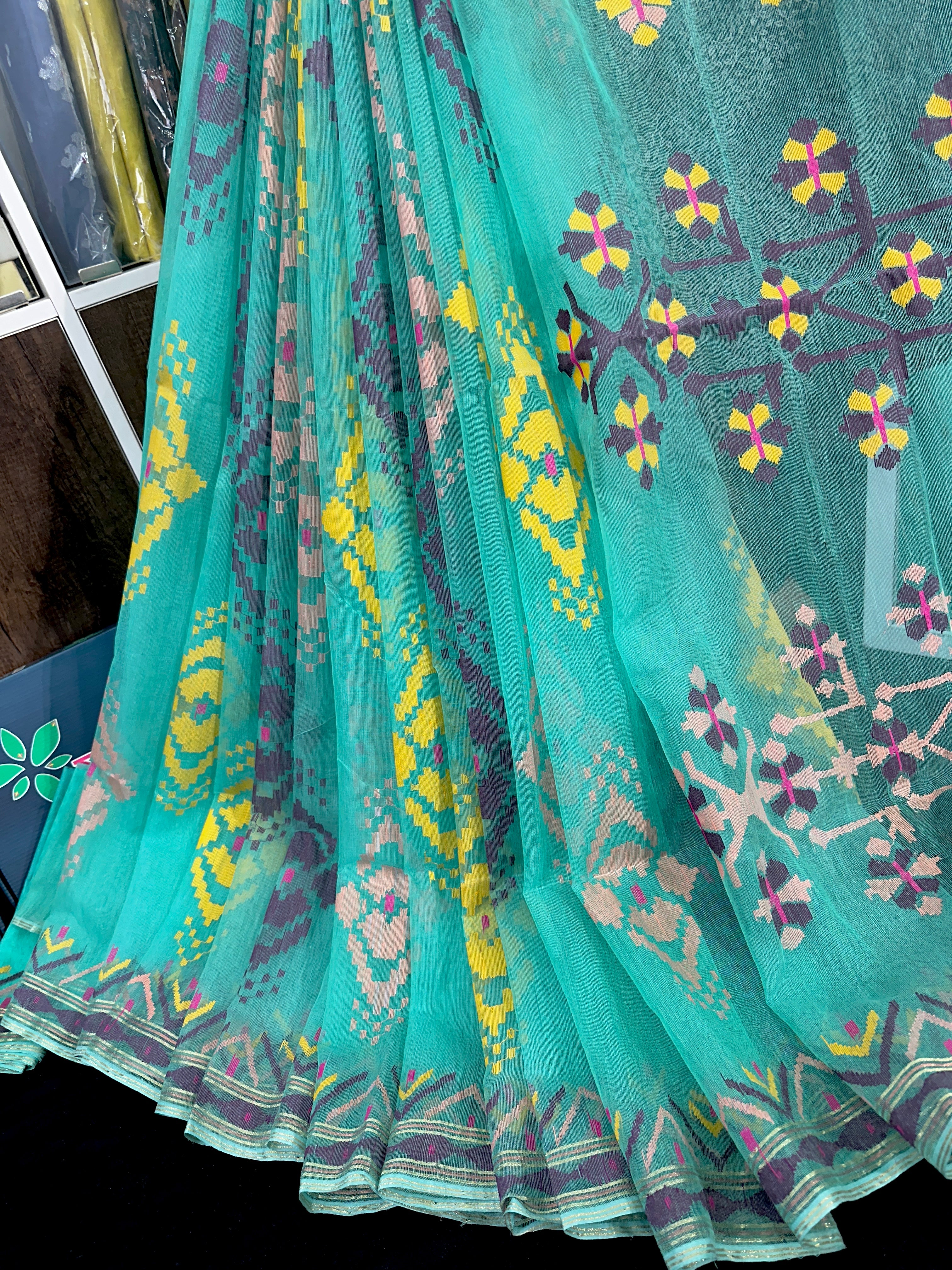 Turquoise blue exclusive halfsilk jamdani saree with yellow pink purple golden threads work
