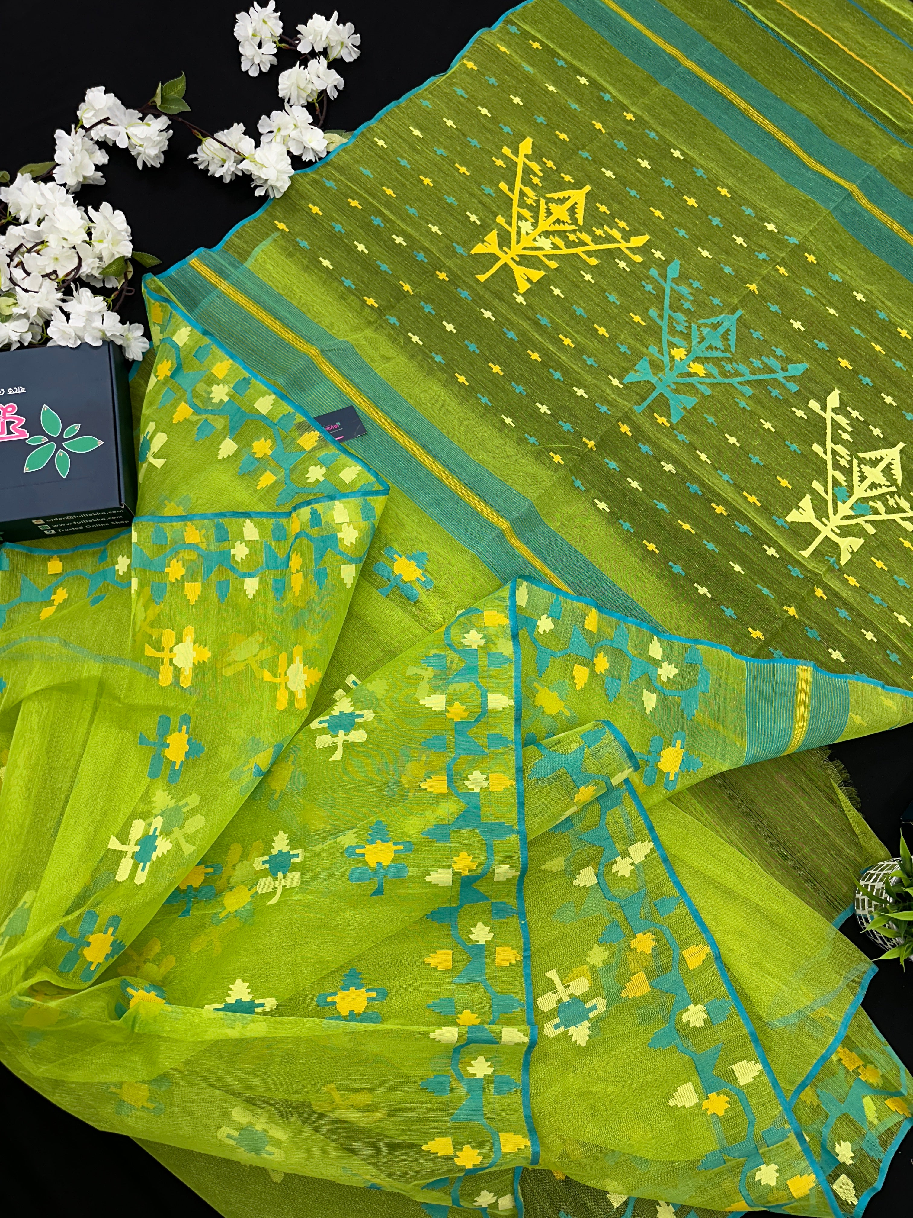 Lamon Green Original  Handloom Halfsilk Dhakai Jamdani Saree With Multiple Threads Work