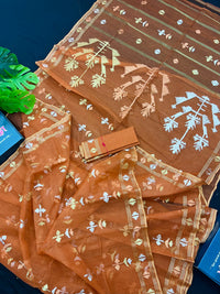 Brick orange halfsilk handloom original dhakai Jamdani saree with golden silver & copper jori work